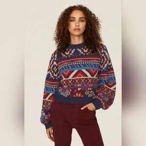 Farm Rio Anika Tapestry Cropped Sweater XS Boho Fair Isle Knit